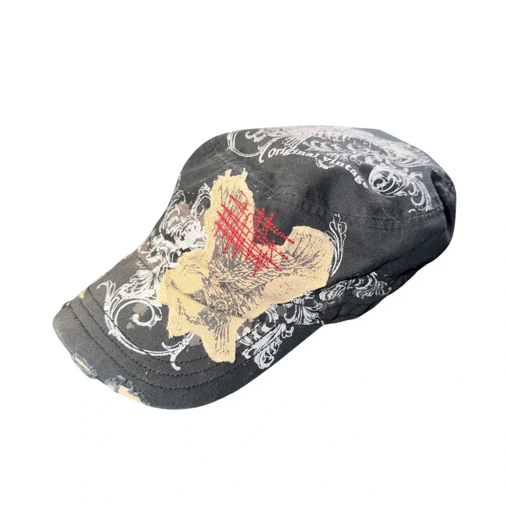 Original Vintage Cadet Cap Black Distressed Eagle Graphic Studded Military Hat